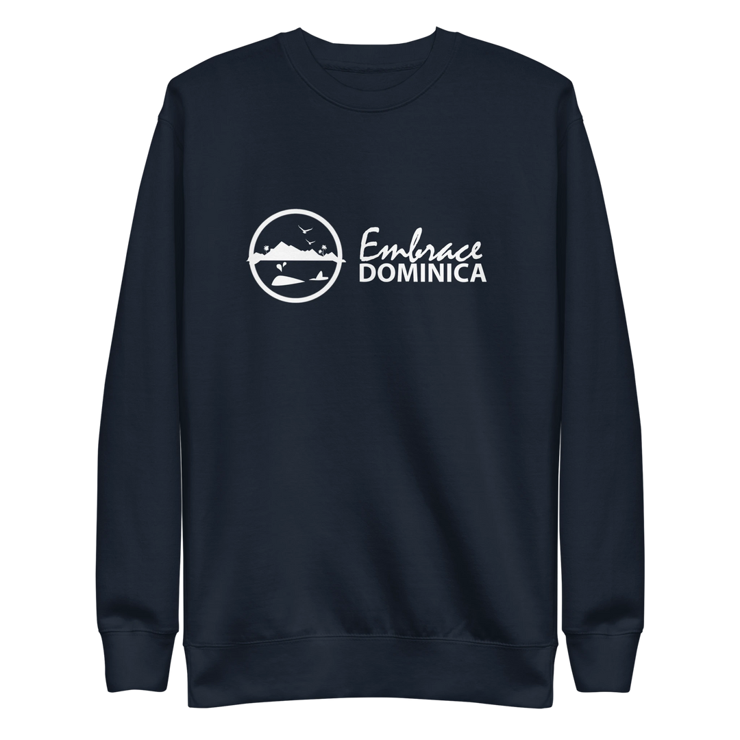 "Embrace Dominica" navy colored sweatshirt with the white Embrace Dominica logo on the front.