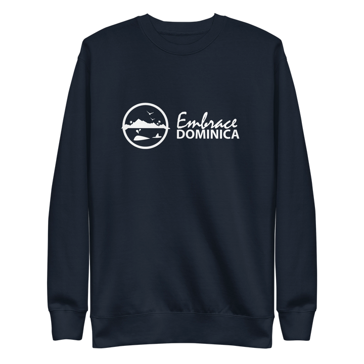 "Embrace Dominica" navy colored sweatshirt with the white Embrace Dominica logo on the front.