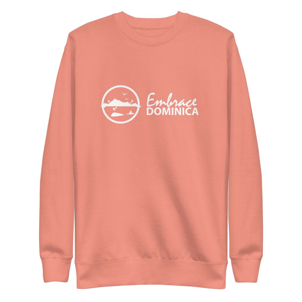 "Embrace Dominica" peach colored sweatshirt with the white Embrace Dominica logo on the front.