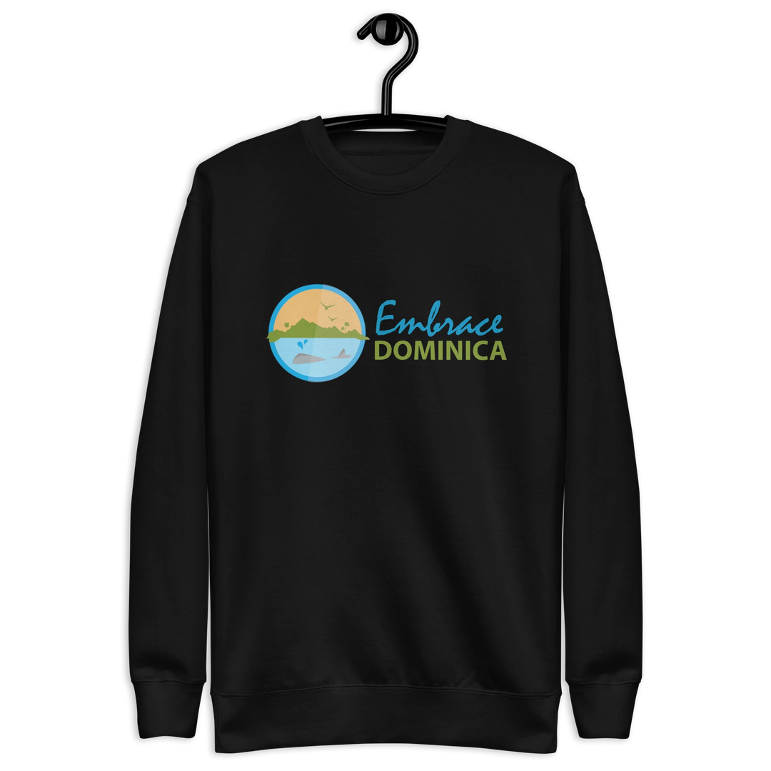 "Embrace Dominica" black colored sweatshirt with the colored Embrace Dominica logo on the front.