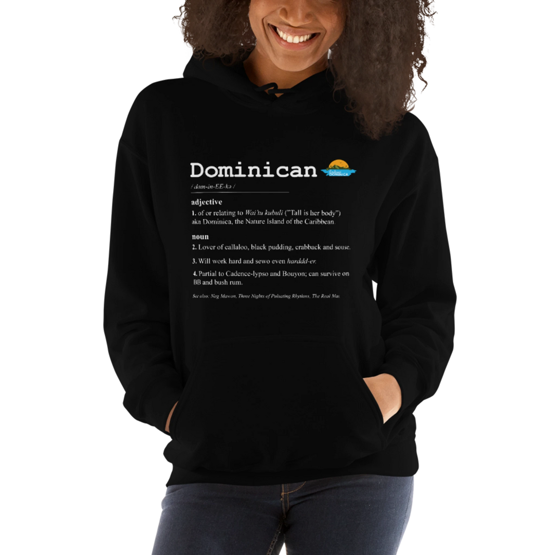 Brown skinned model wearing a black "Dominican Defined" hoodie with white text