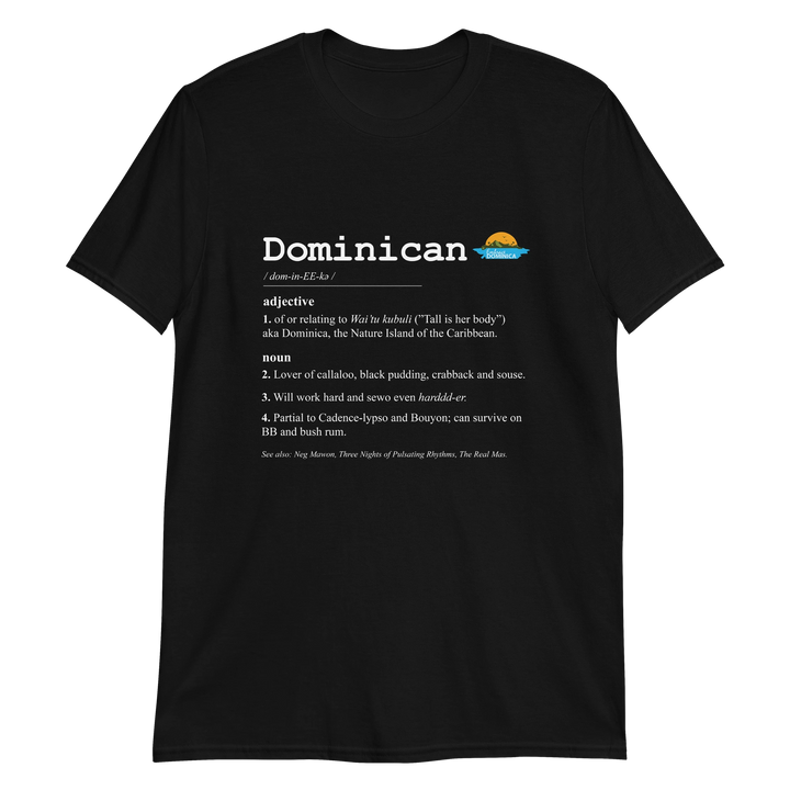 "Dominican Defined" t-shirt in black color, with white text, by Embrace Dominica