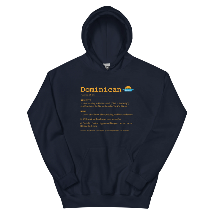 A navy "Dominican Defined" hoodie with gold text