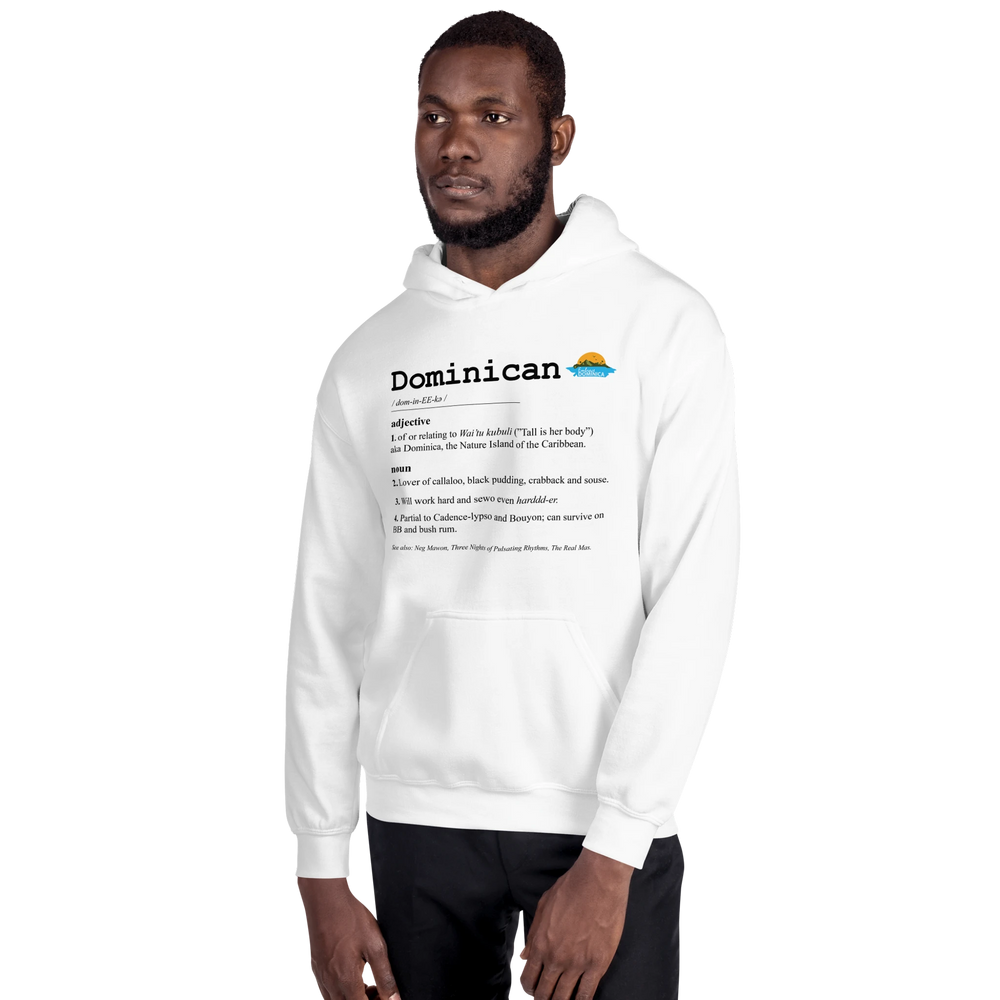 Brown skinned model wearing a white "Dominican Defined" hoodie with black text