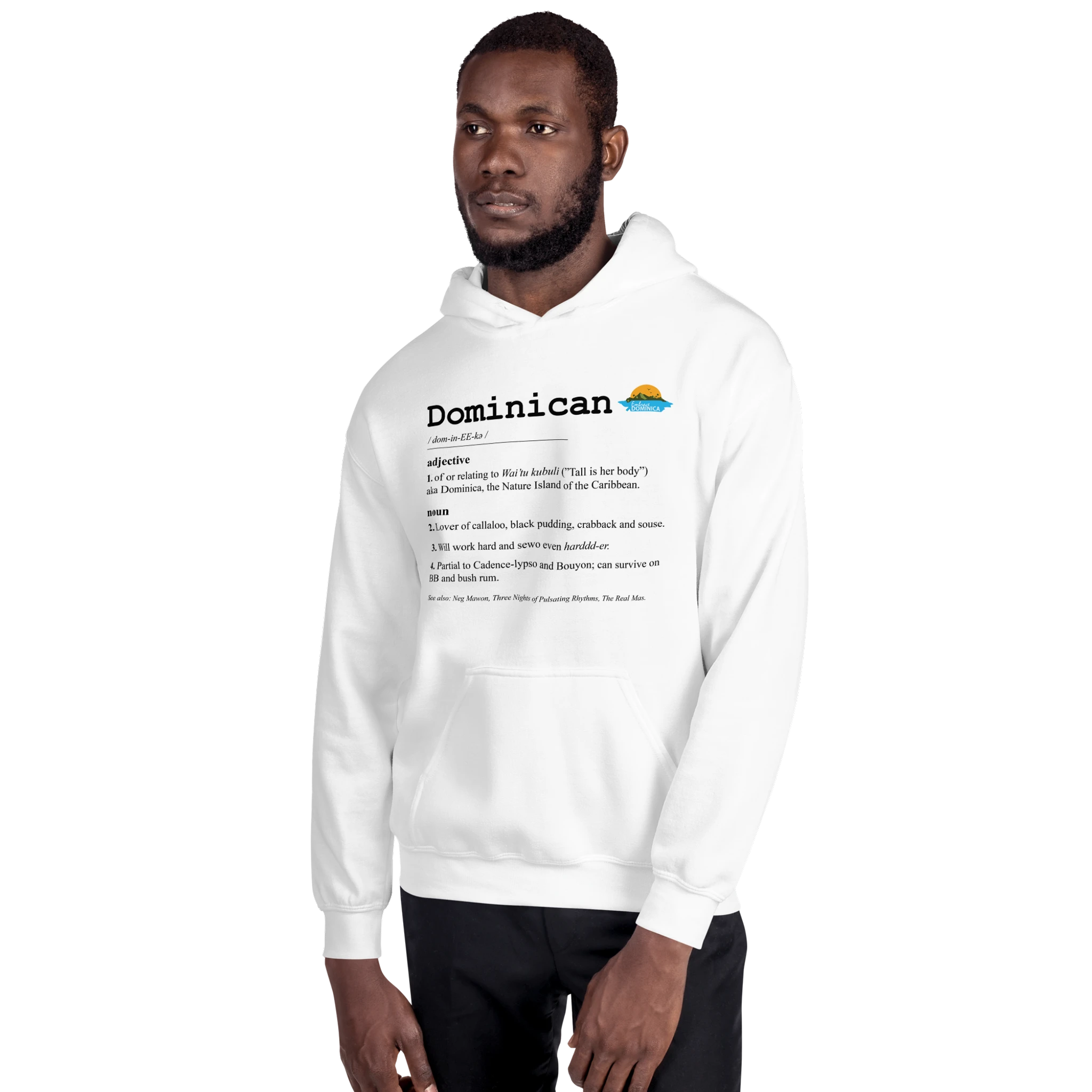 Brown skinned model wearing a white "Dominican Defined" hoodie with black text