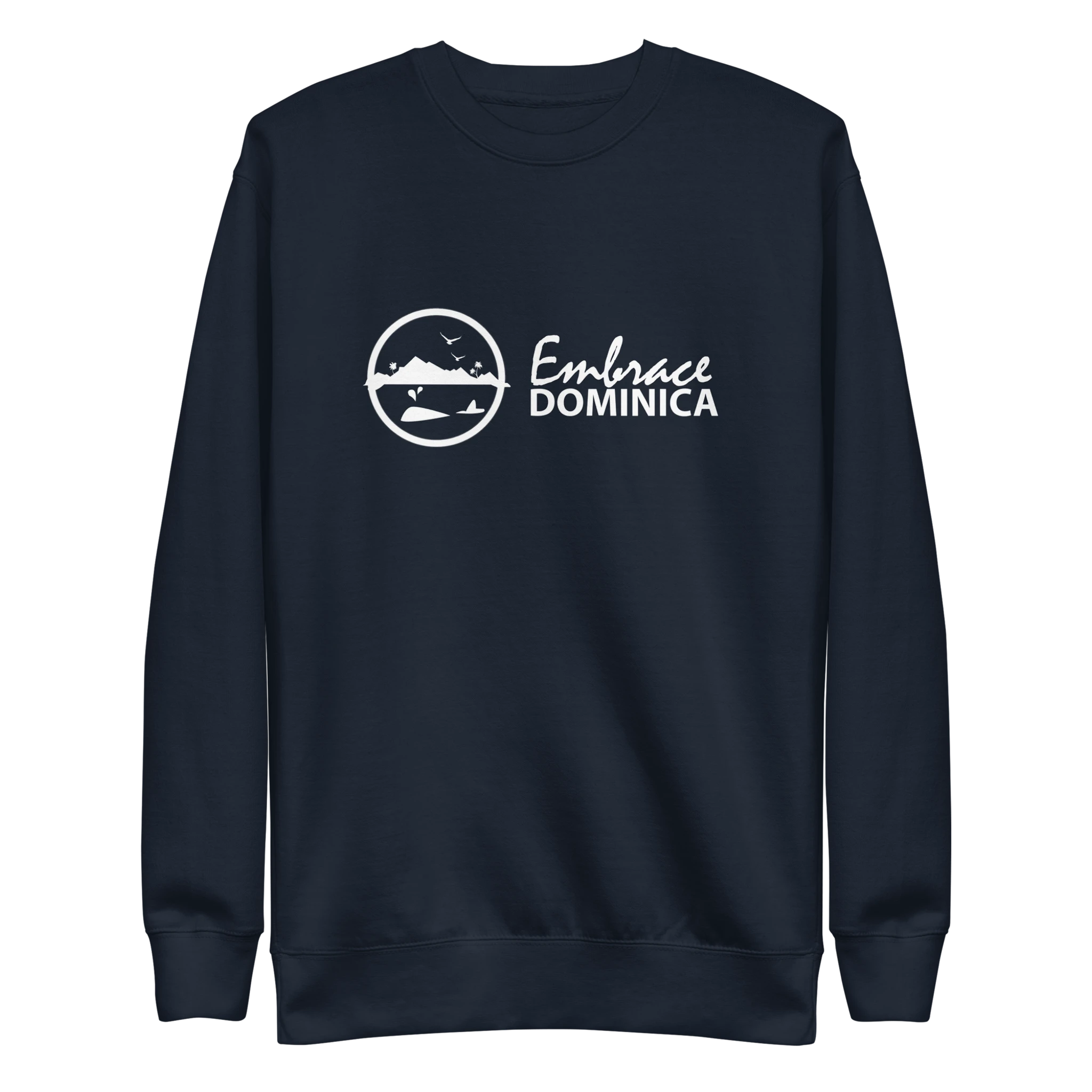 "Embrace Dominica" navy colored sweatshirt with the white Embrace Dominica logo on the front.