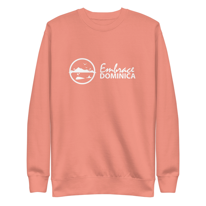 "Embrace Dominica" peach colored sweatshirt with the white Embrace Dominica logo on the front.