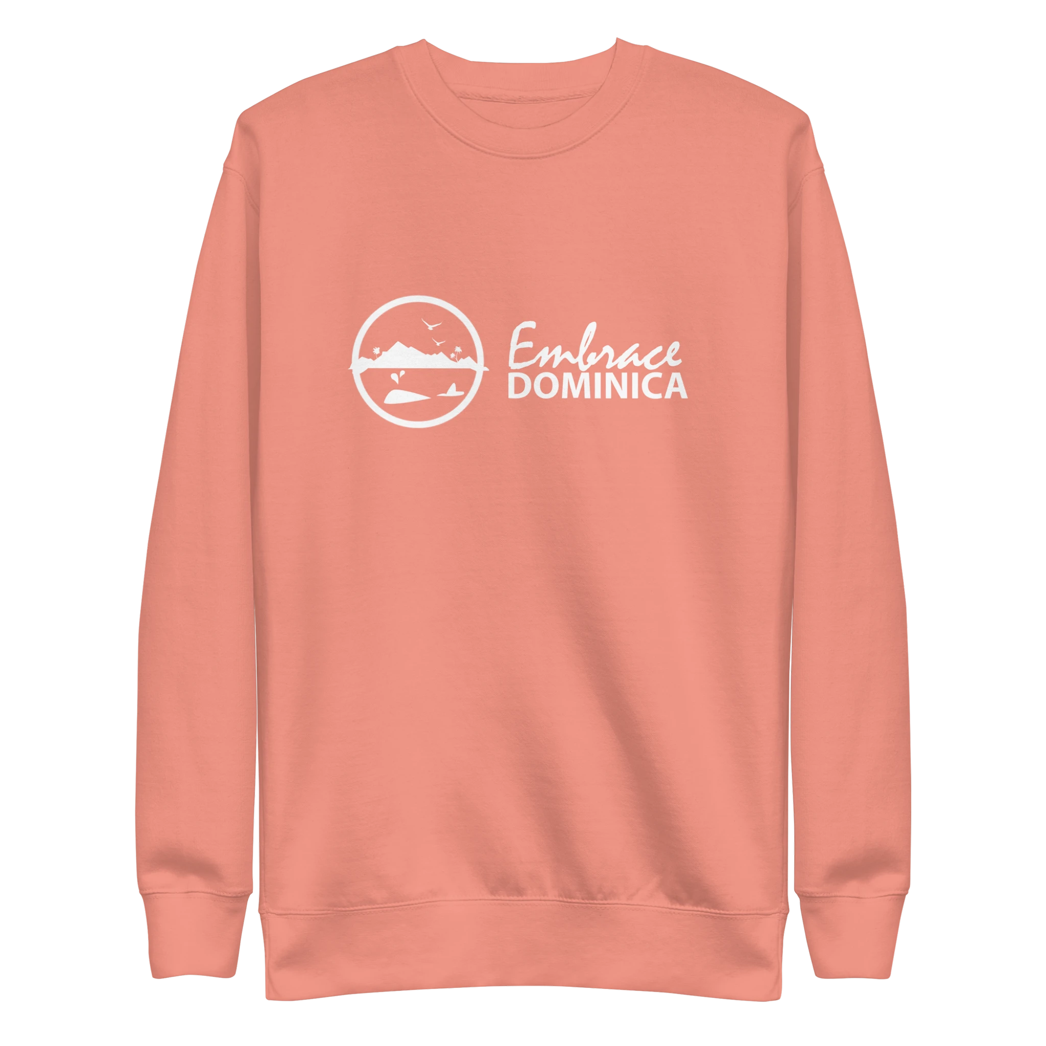 "Embrace Dominica" peach colored sweatshirt with the white Embrace Dominica logo on the front.