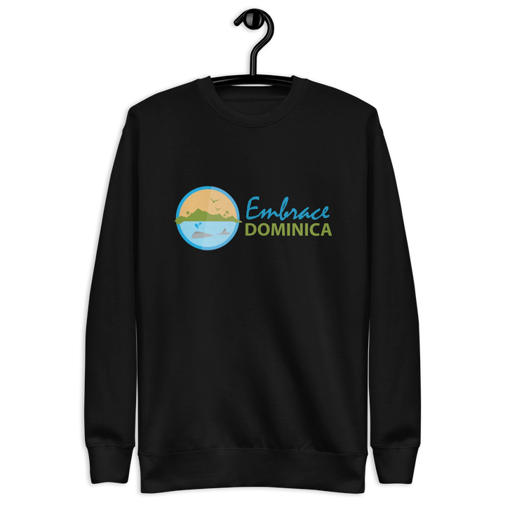 "Embrace Dominica" black colored sweatshirt with the colored Embrace Dominica logo on the front.