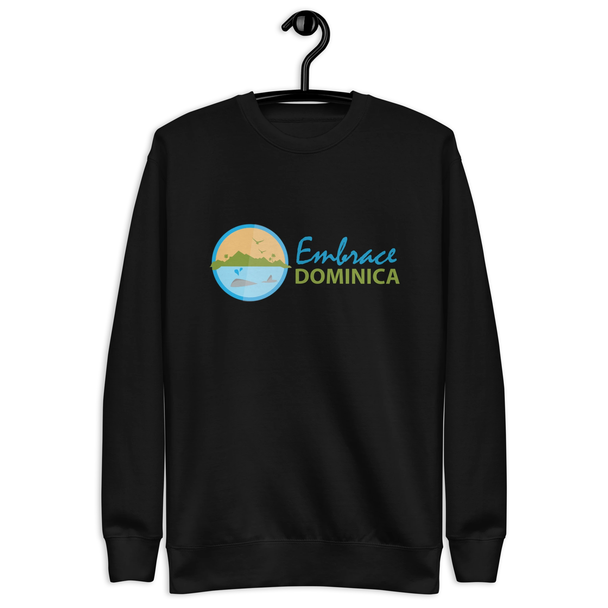 "Embrace Dominica" black colored sweatshirt with the colored Embrace Dominica logo on the front.