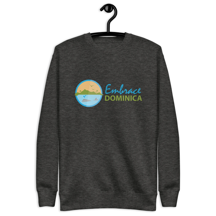"Embrace Dominica" dark heather colored sweatshirt with the colored Embrace Dominica logo on the front.