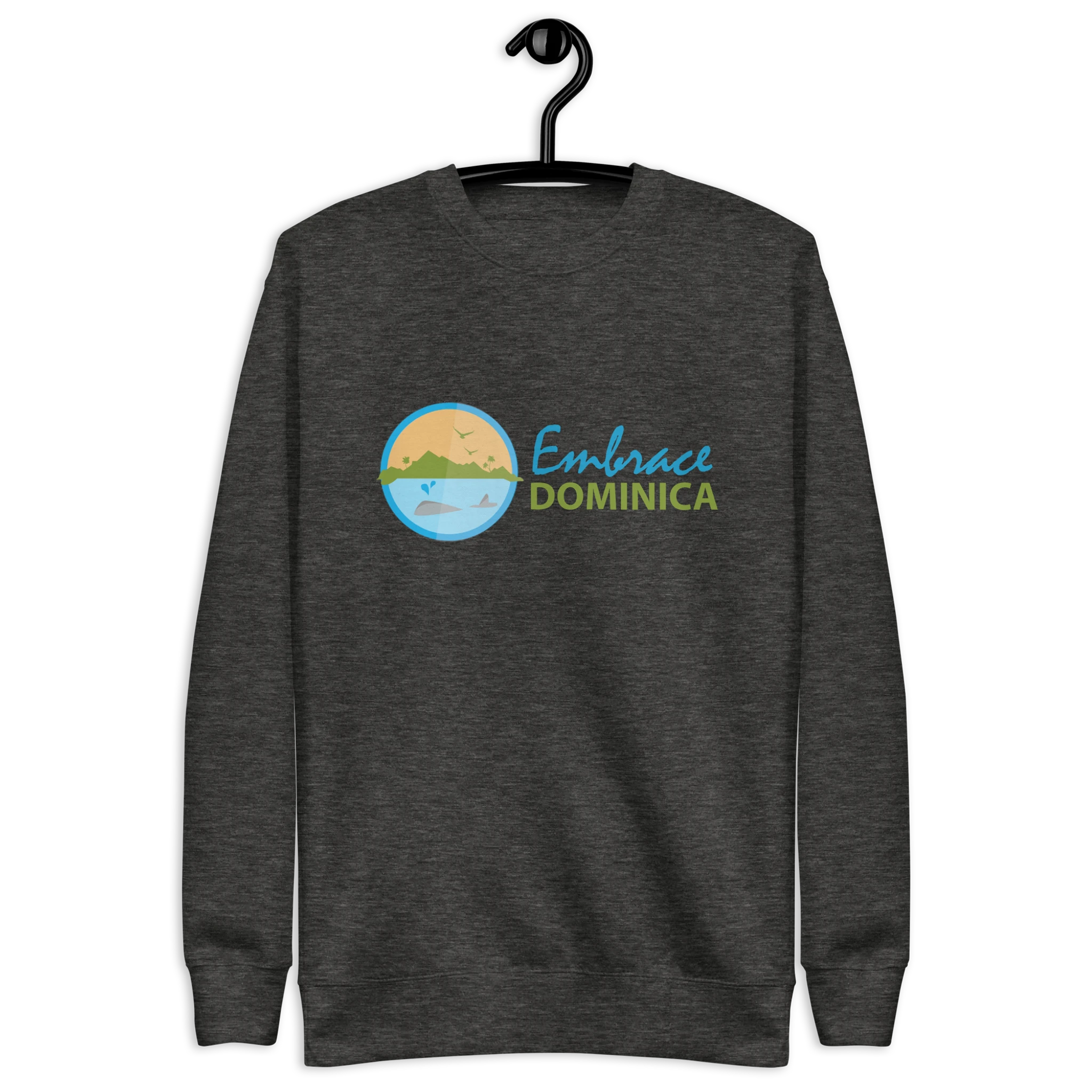 "Embrace Dominica" dark heather colored sweatshirt with the colored Embrace Dominica logo on the front.