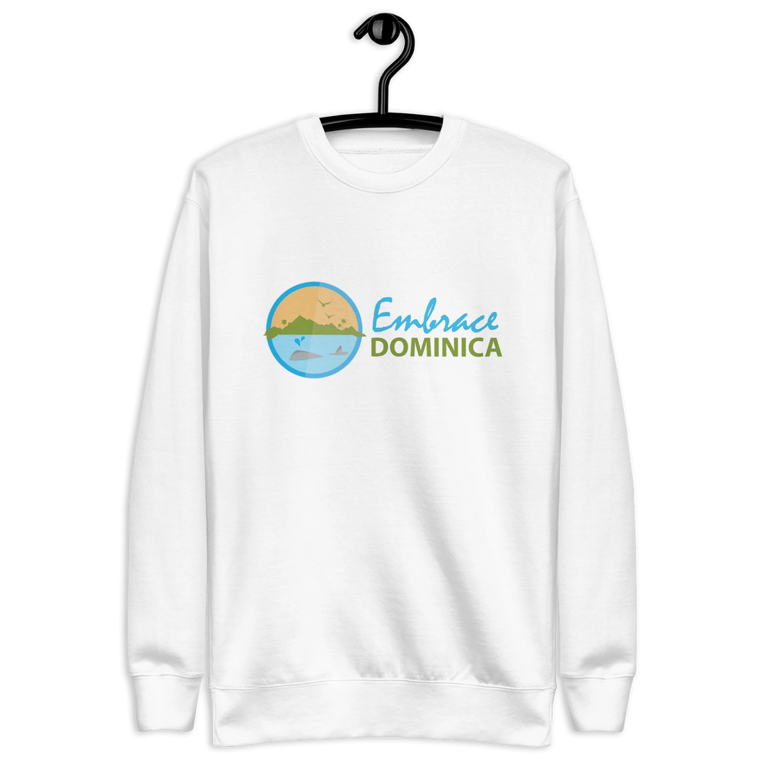 "Embrace Dominica" white colored sweatshirt with the colored Embrace Dominica logo on the front.
