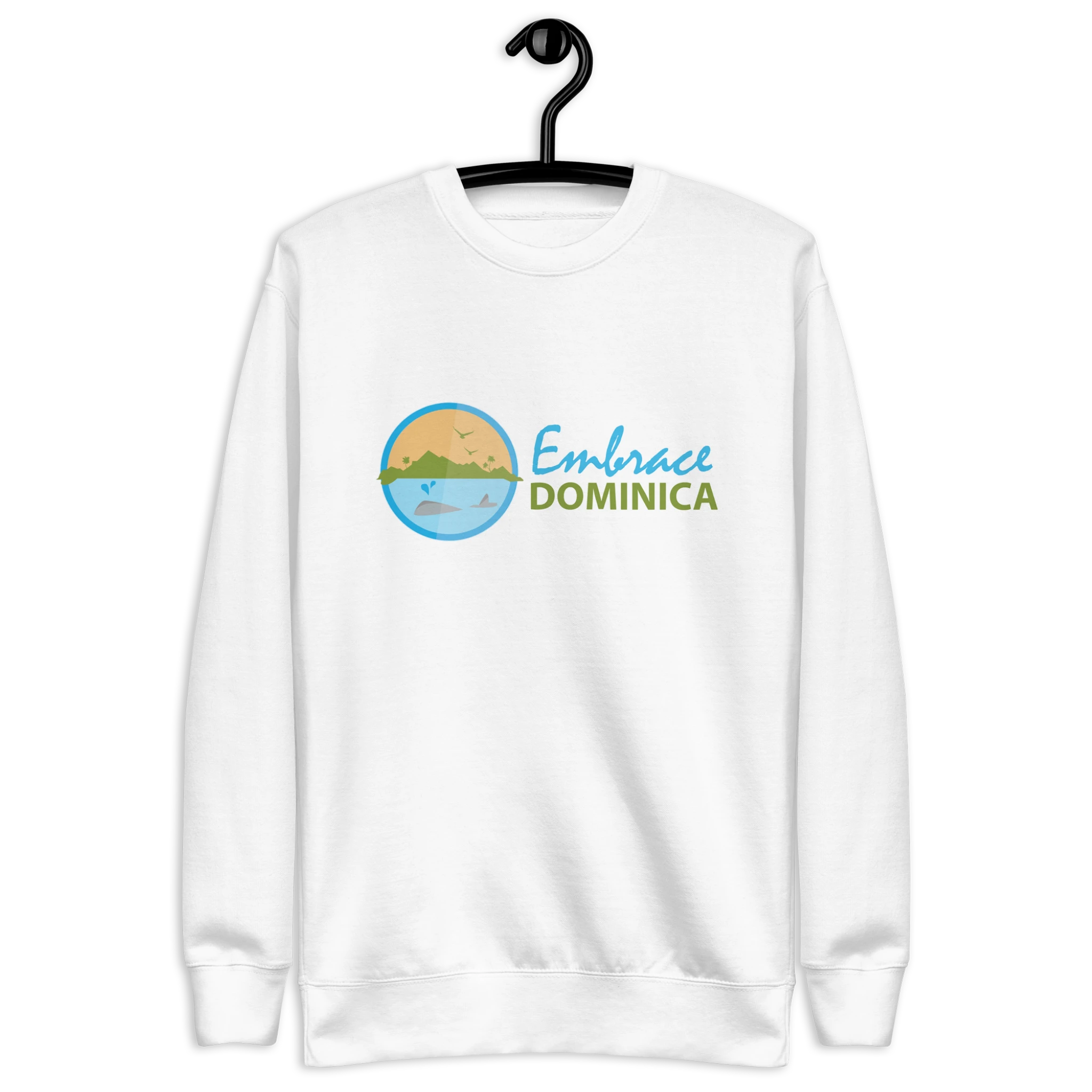 "Embrace Dominica" white colored sweatshirt with the colored Embrace Dominica logo on the front.