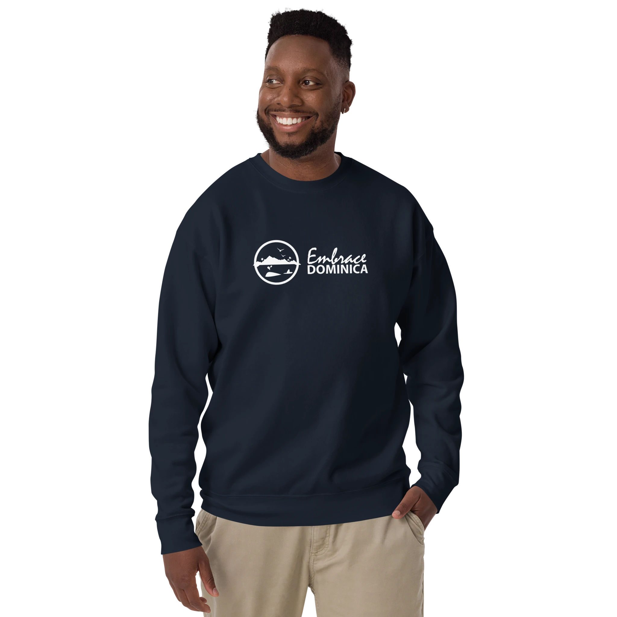 "Embrace Dominica" navy colored sweatshirt with the white Embrace Dominica logo on the front.