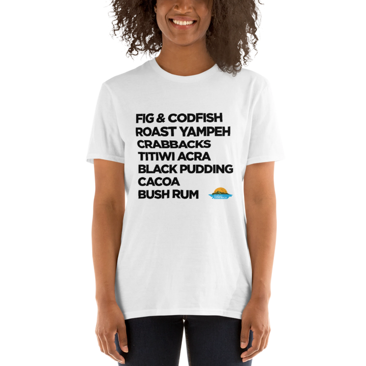 "Good Eating" unisex t-shirt in color white with black text, by Embrace Dominica