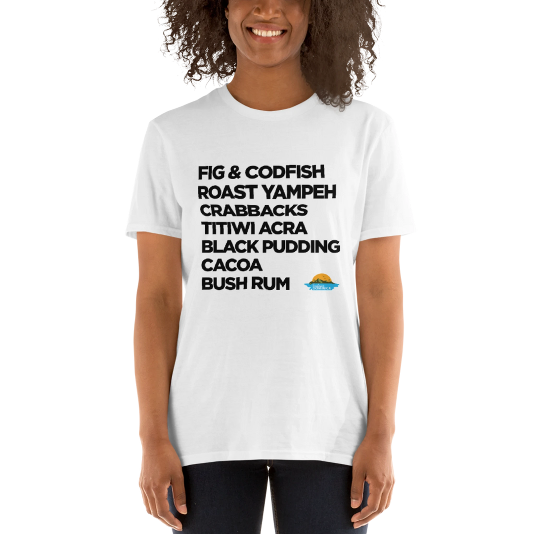 "Good Eating" unisex t-shirt in color white with black text, by Embrace Dominica