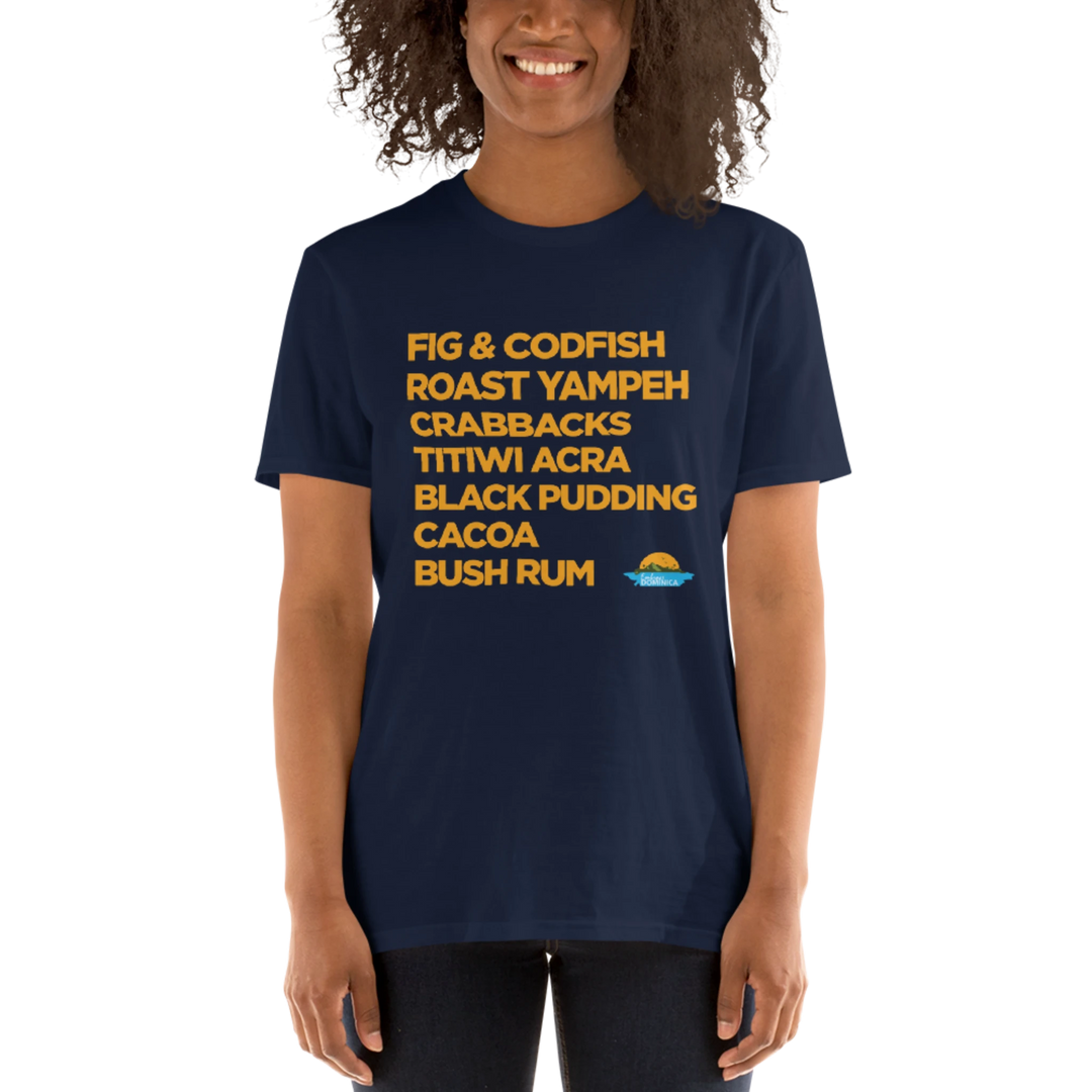 A brown skinned female model wearing a navy "Good Eating #1" t-shirt with gold text, by Embrace Dominica