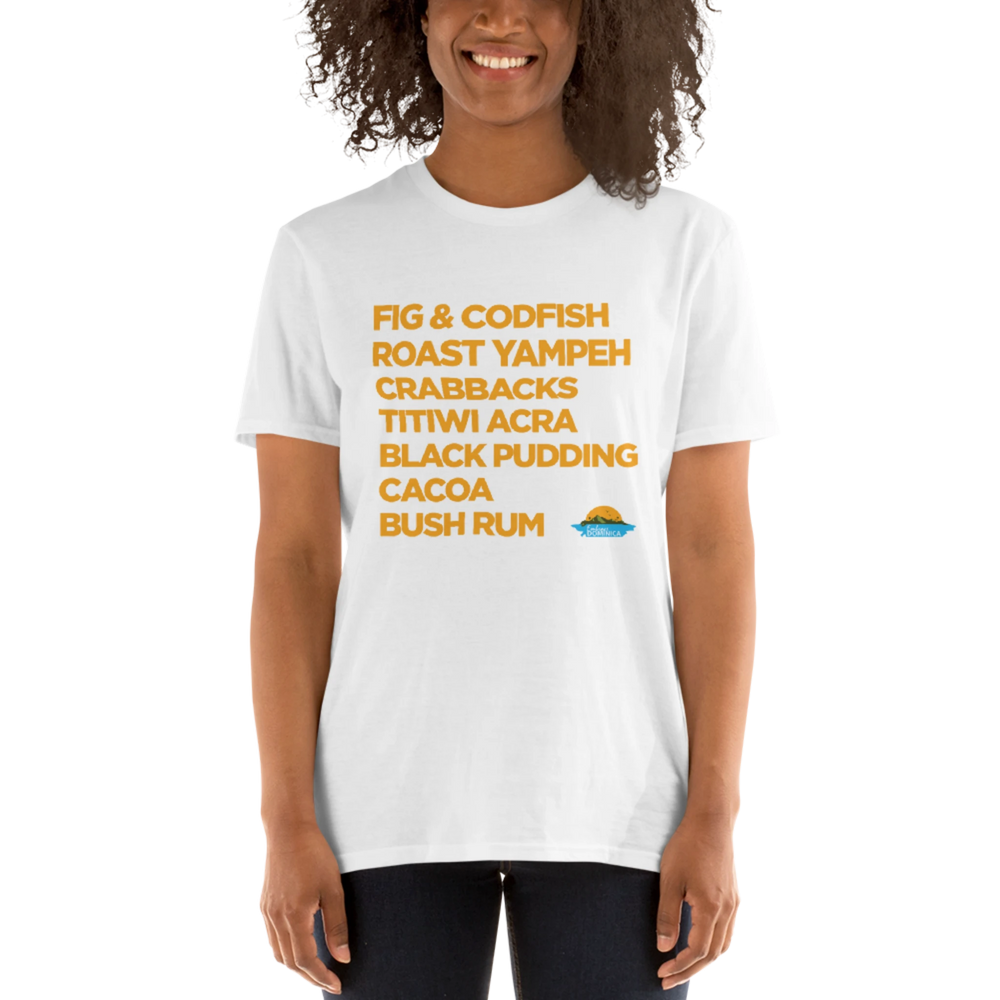 A brown skinned female model wearing a white "Good Eating #1" t-shirt with gold text, by Embrace Dominica