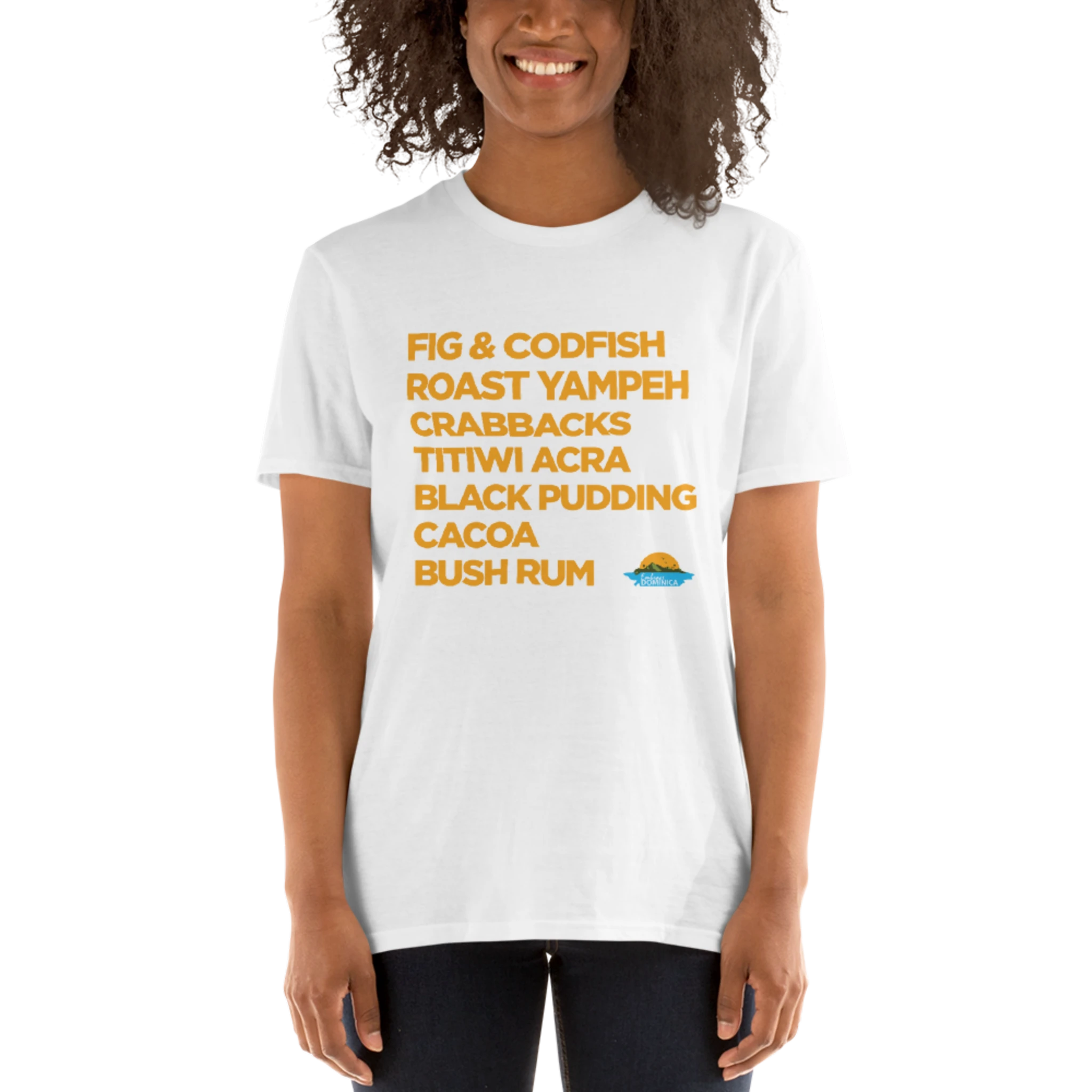 A brown skinned female model wearing a white "Good Eating #1" t-shirt with gold text, by Embrace Dominica