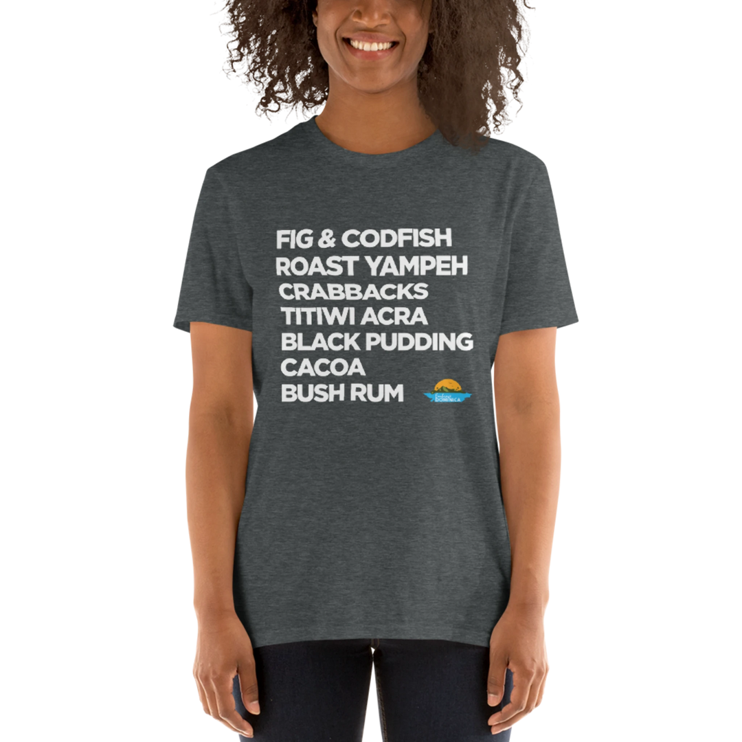 "Good Eating" unisex t-shirt in color dark heather with white text, by Embrace Dominica
