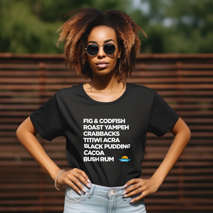 Brown skinned female model wearing "Good Eating" unisex t-shirt in color black with white text, by Embrace Dominica