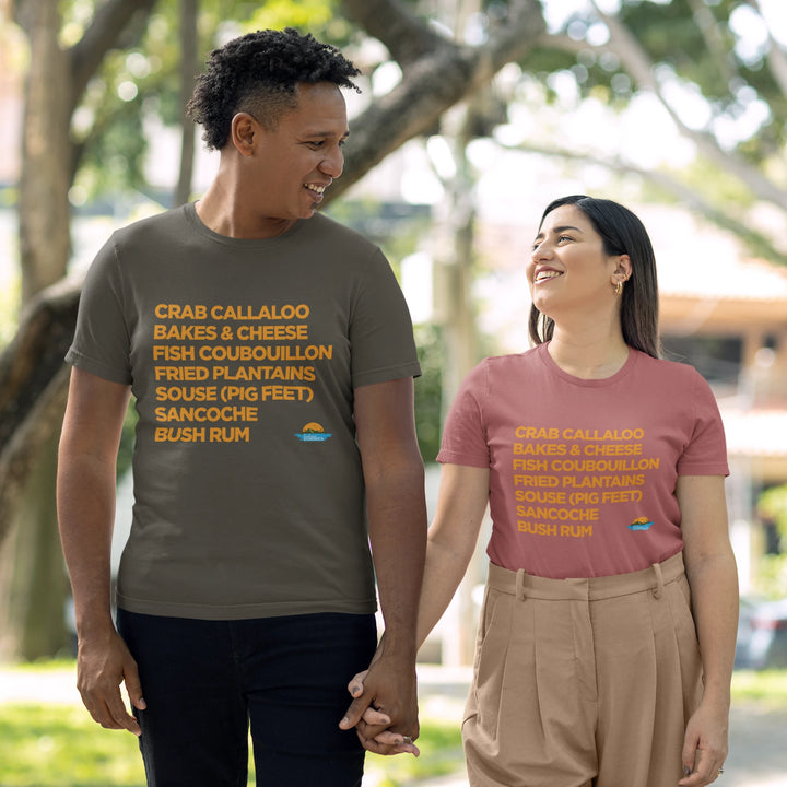 Mixed race couple (man and woman) wearing a "Good Eating #2" t-shirts, army and mauve colors, with gold text, by Embrace Dominica