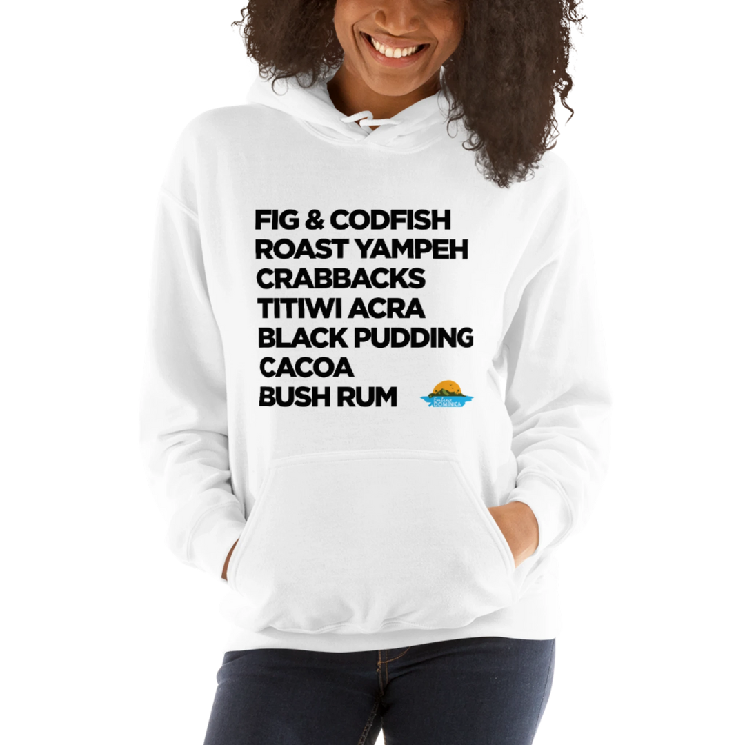 Brown skinned woman wearing a white "Good Eating #1" hoodie, with black text, by Embrace Dominica