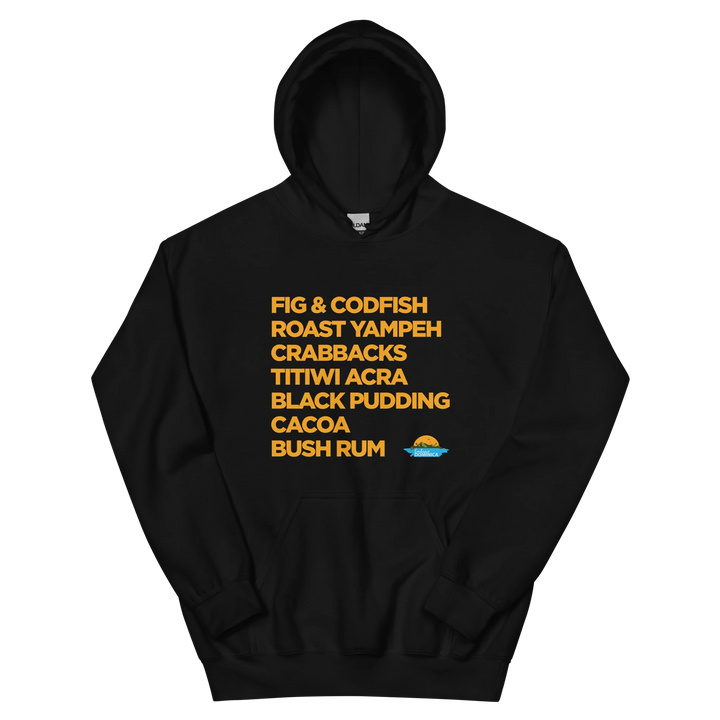 A black "Good Eating #1" hoodie, with gold text, by Embrace Dominica