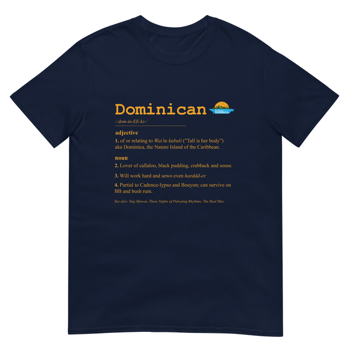 "Dominican Defined" t-shirt in navy color, with gold text, by Embrace Dominica