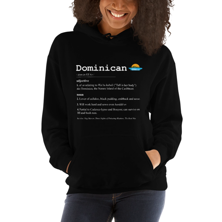 Brown skinned model wearing a black "Dominican Defined" hoodie with white text