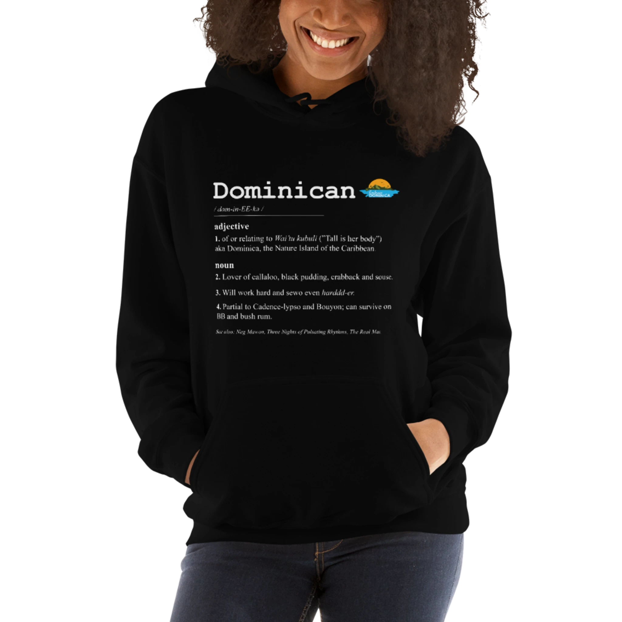 Brown skinned model wearing a black "Dominican Defined" hoodie with white text