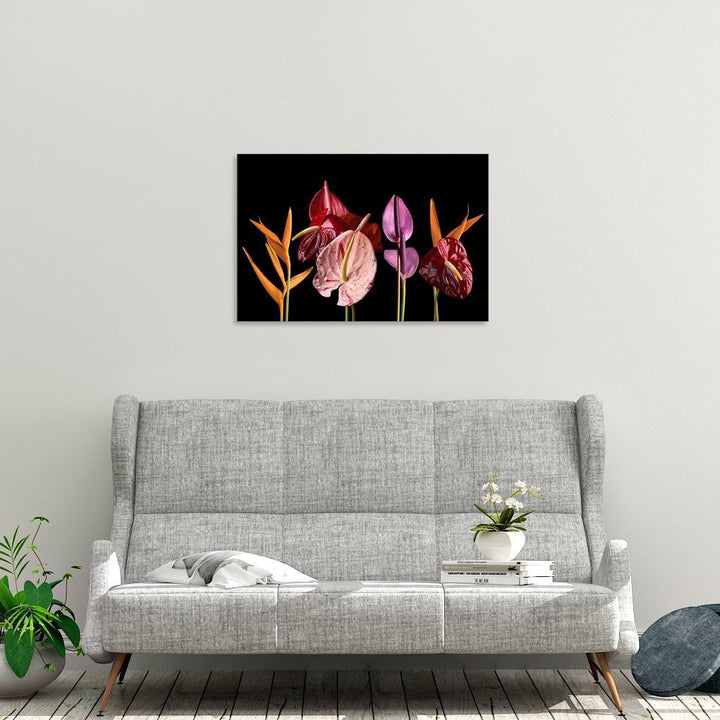 A canvas print of "From the Dark Bouquet" by Yuri A Jones on a light-colored wall, hung above a gray old-style couch.