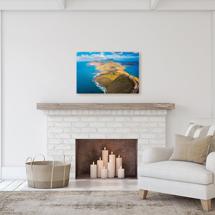 A canvas print of "Peninsula Bright" by Yuri A Jones on a light colored wall, hung above a fireplace.