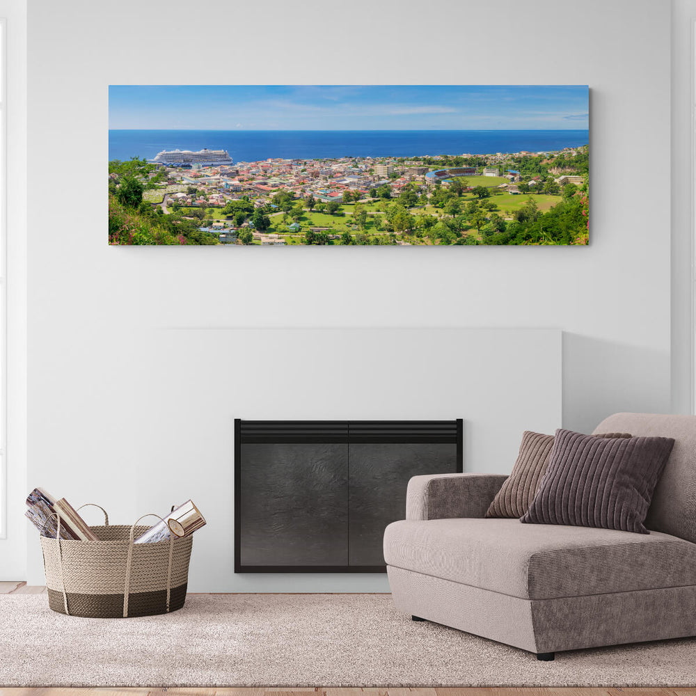 A canvas print of "AIDA Perla in Port" by Yuri A Jones, hung over a fireplace and armchair.