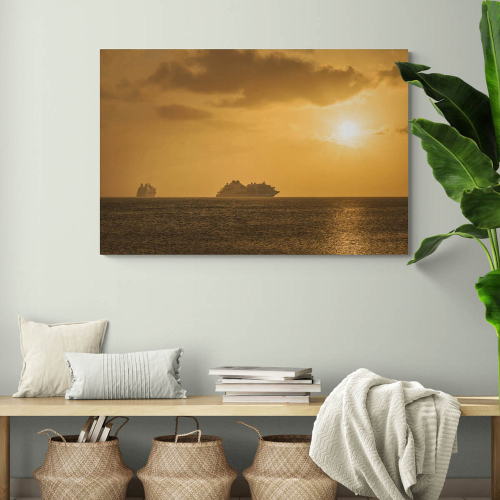 A canvas print of "Golden Hour at Purple Turtle" by Yuri A Jones, on a white wall, hung above bench.