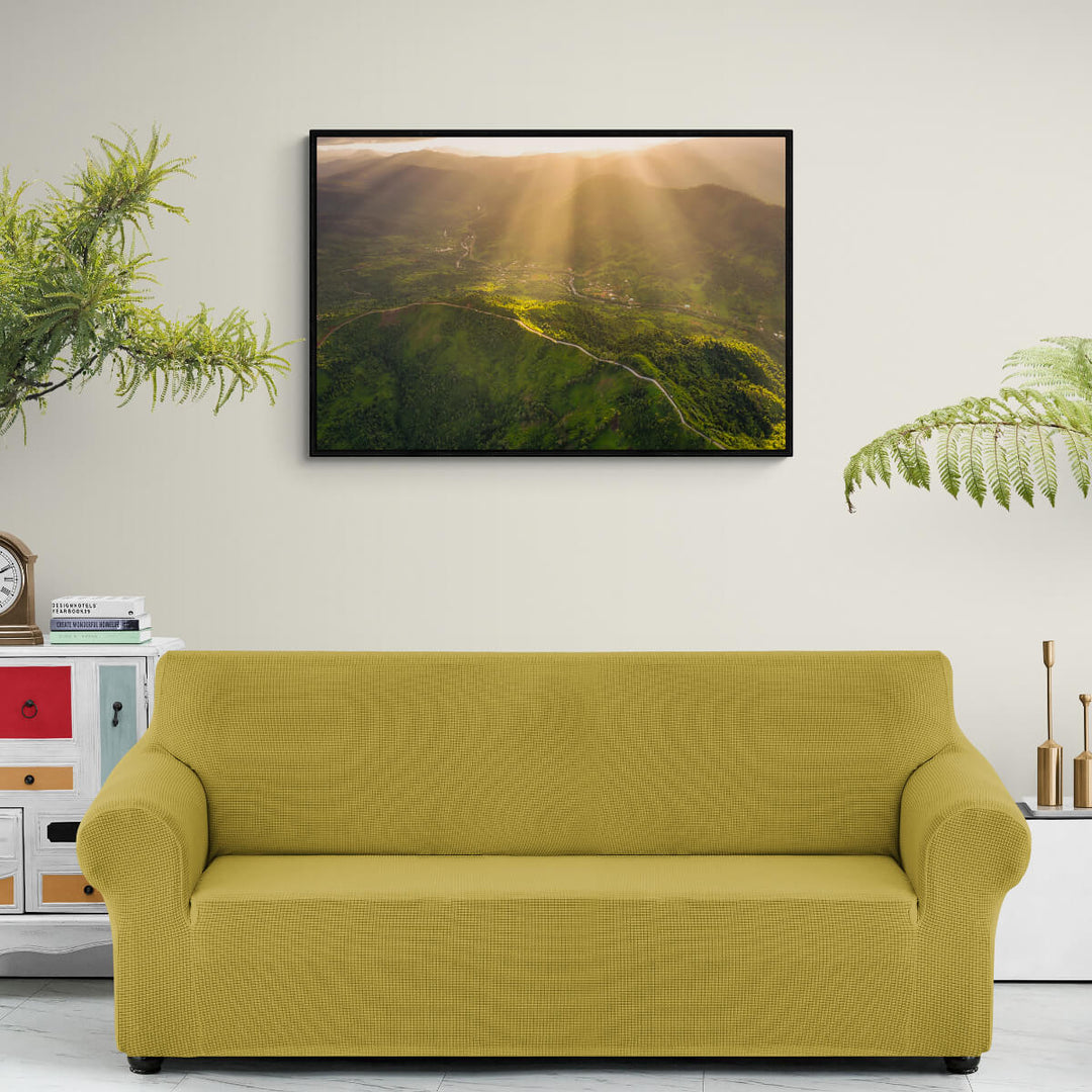 A framed canvas print of "Horseback Ridge from Above" by Yuri A Jones on a light-colored wall, hung above a mustard-colored couch.